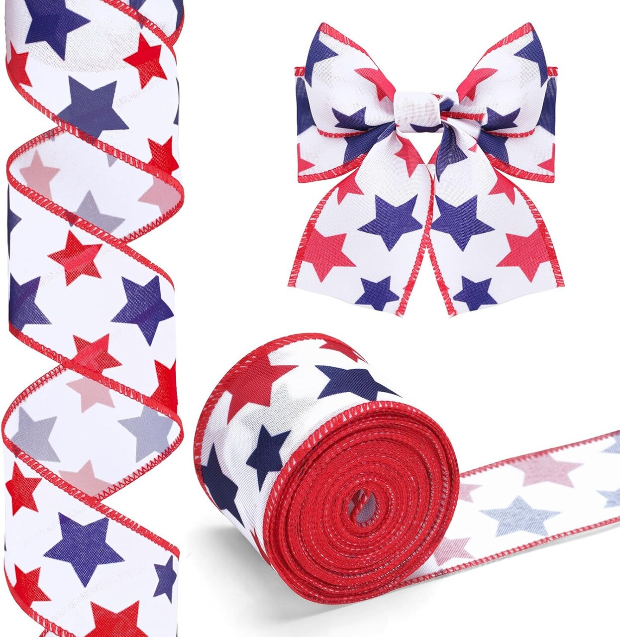 Red White and Blue Ribbon Patriotic Ribbons Burlap Stars Wired Ribbons 2.5 Inch 4th of July Ribbon Decor for Independence Day Memorial Day Wreaths